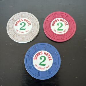 RARE Dunes Hotel Las Vegas Roulette Chips 2  1960’s Set of 3 Red/Blue/Beige